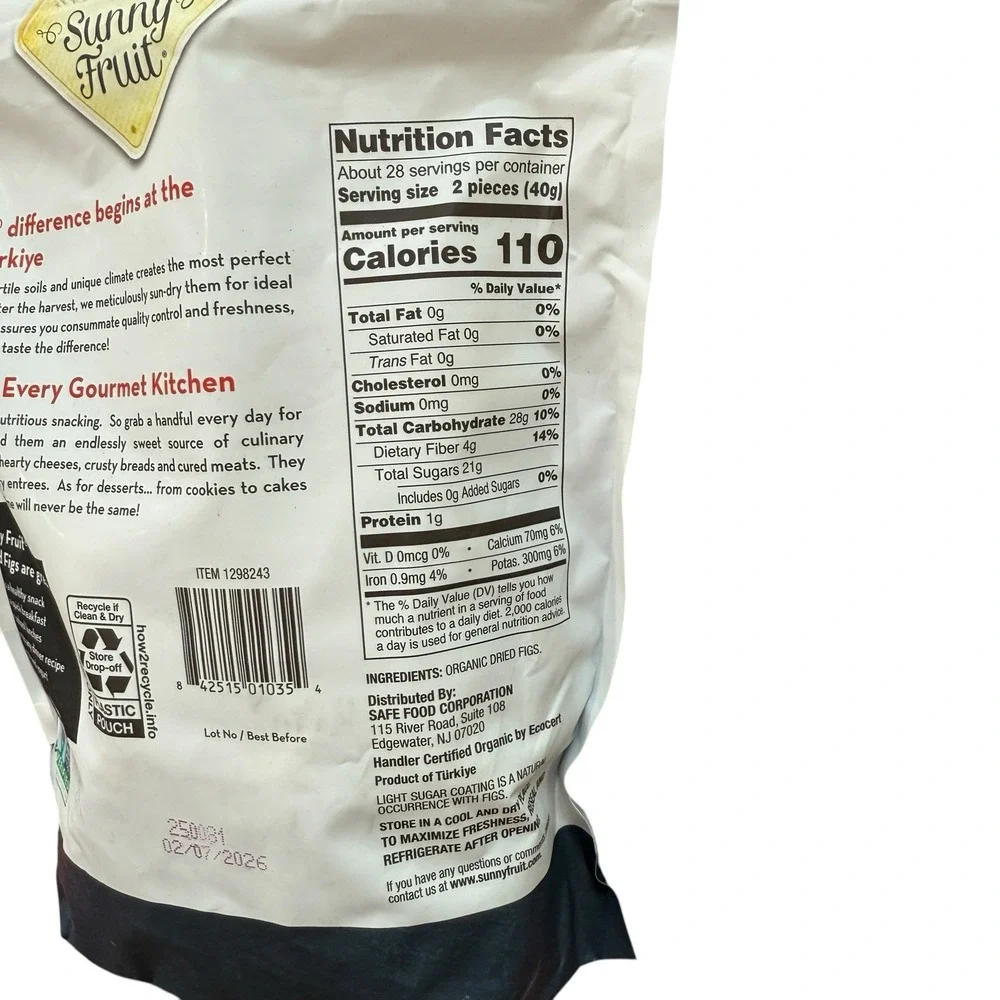 Sunny Fruit USDA Organic‎ Sun-Dried Smyrna Figs Dried Fruit Unsulfured 2 Bags